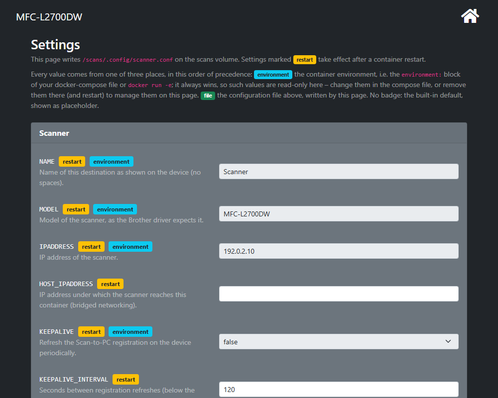 The settings page