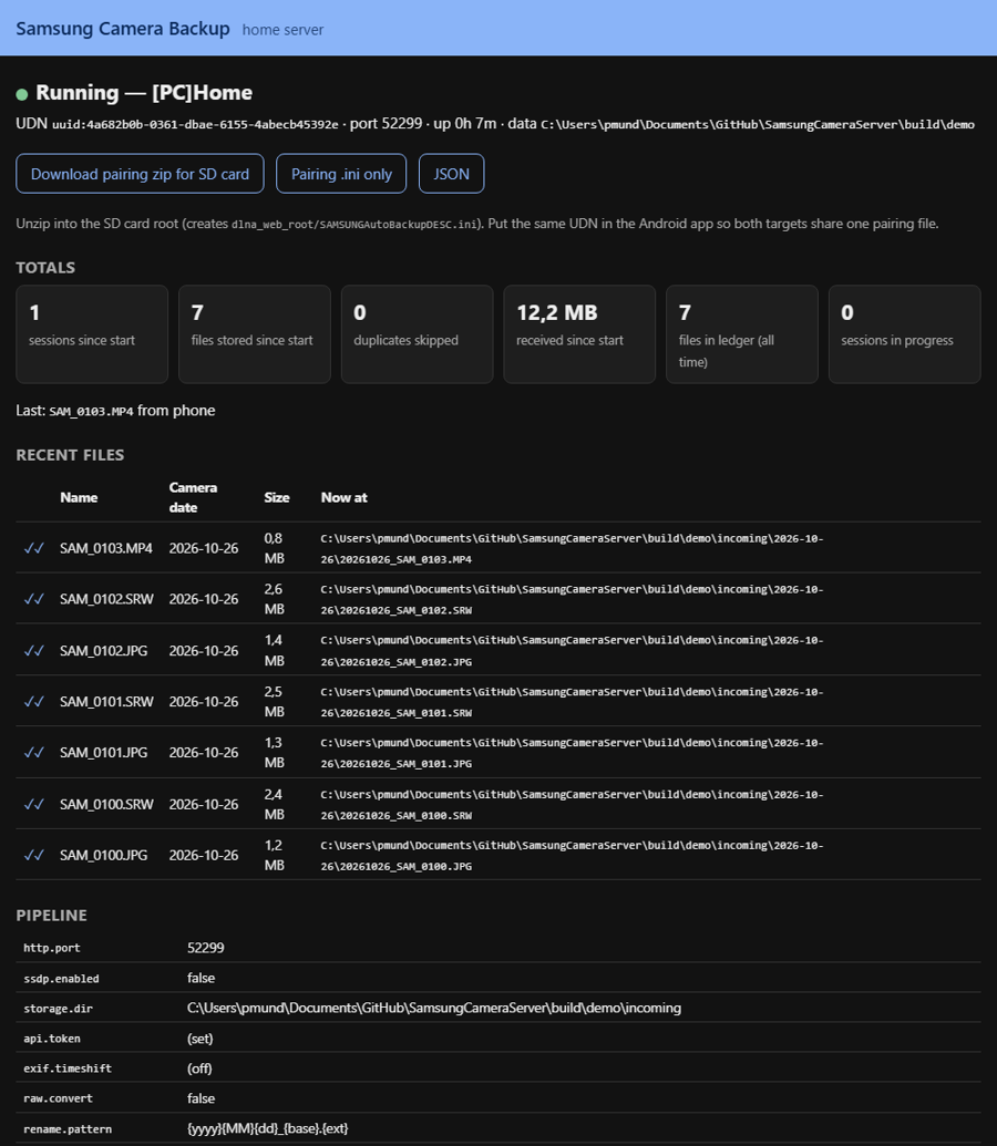The server's status page
